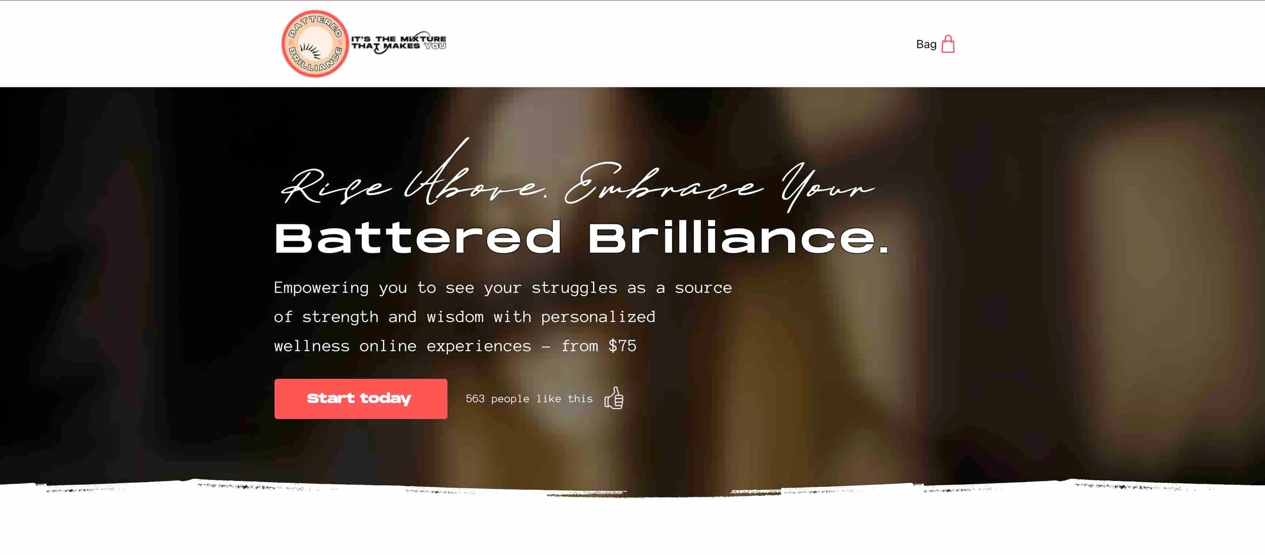 The redesigned concept homepage: 'Rise above. Embrace your Battered Brilliance.', personalised online wellness experiences from $75, a Start today button and '563 people like this'.