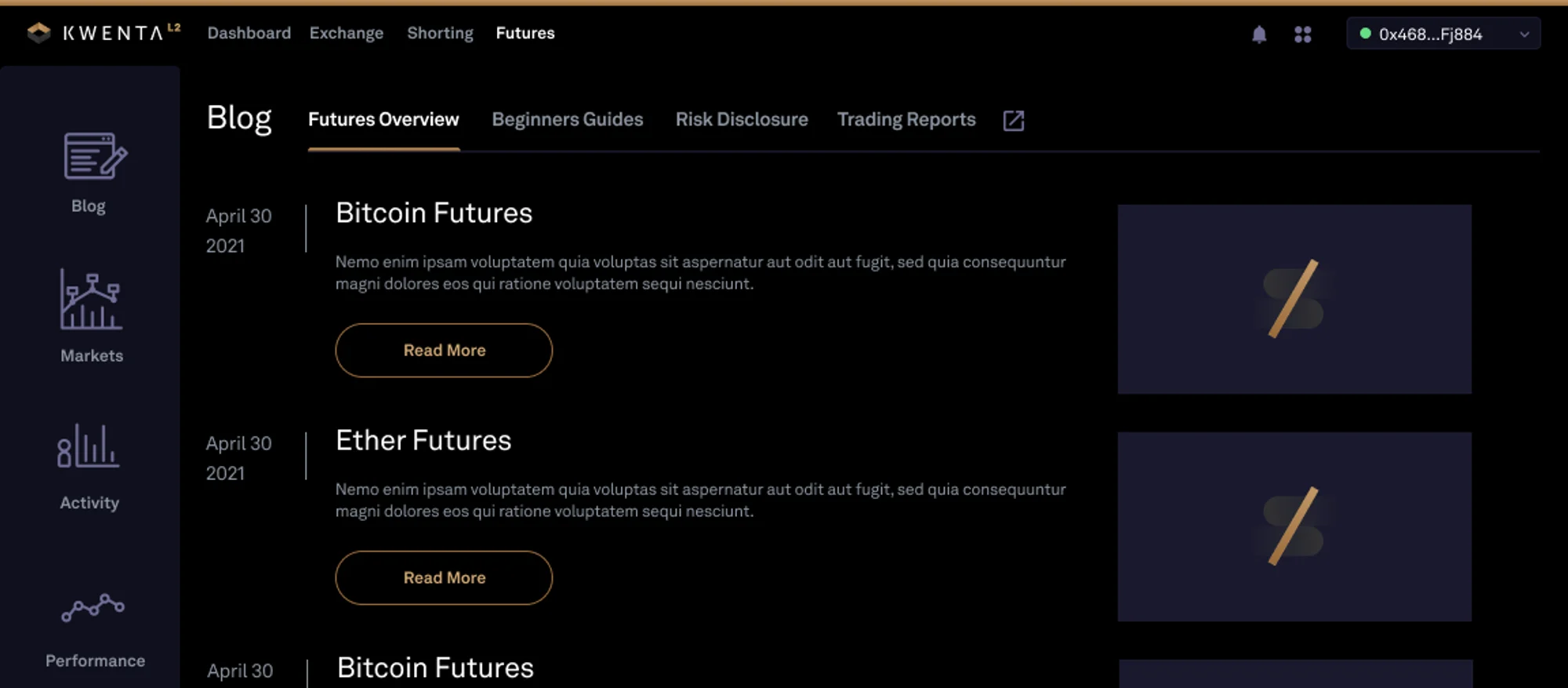 The Kwenta Futures dashboard in dark mode: a sidebar of Blog, Markets, Activity and Performance, and a Blog section with Futures Overview, Beginners Guides, Risk Disclosure and Trading Reports tabs.
