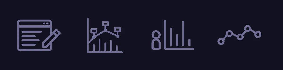 Four line icons in a muted purple: a blog page with a pencil, a market chart, an activity bar chart with a person, and a performance line graph.