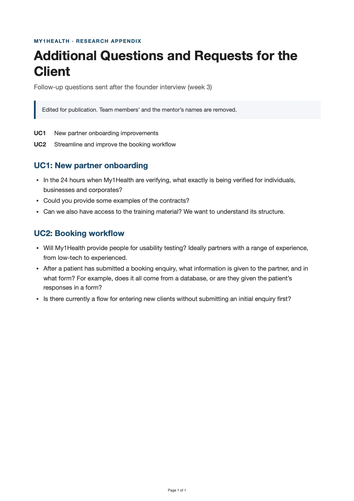 Page 1: Additional Questions and Requests for the Client. Title page, then UC1: New partner onboarding; UC2: Booking workflow.