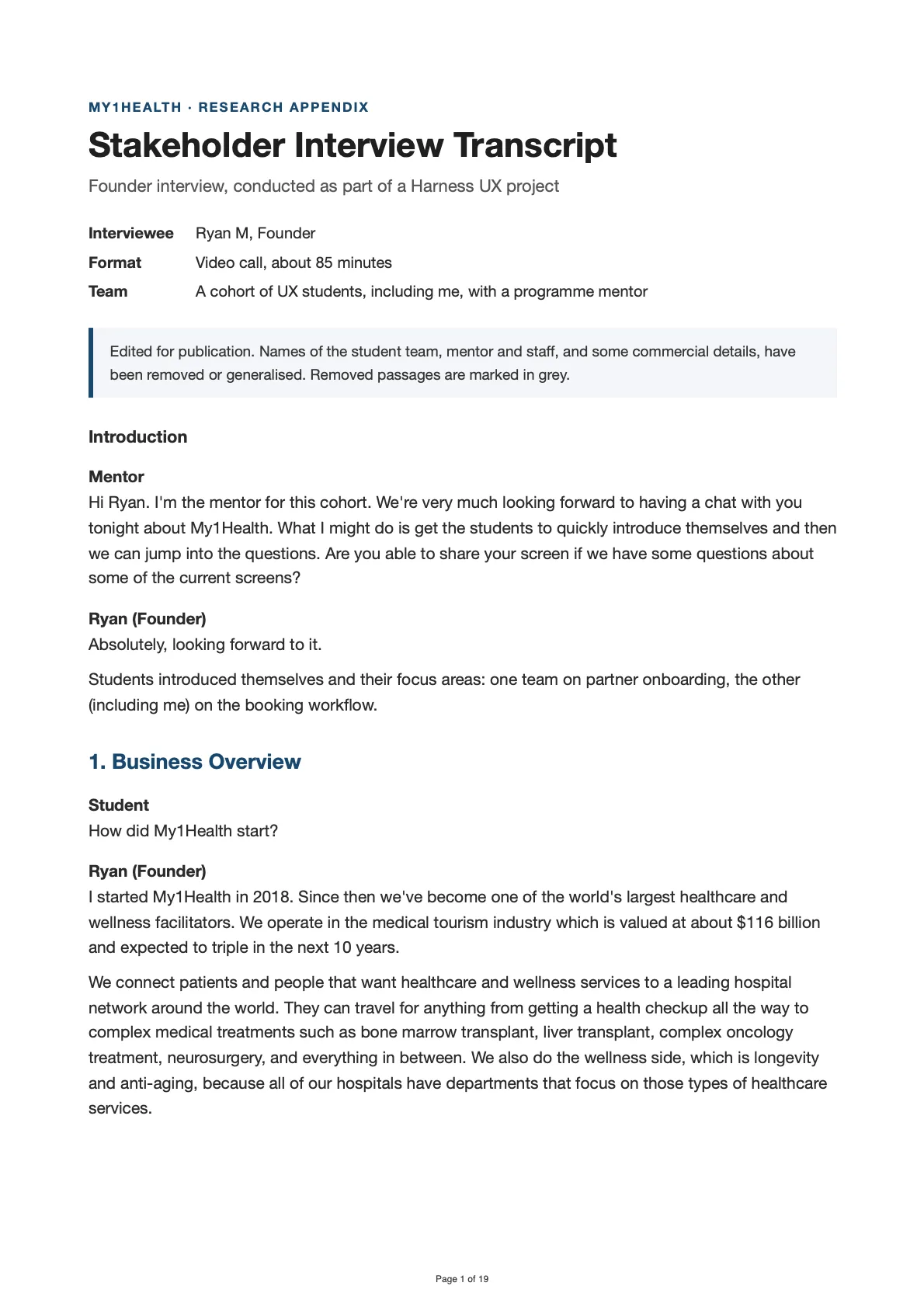 Page 1: Stakeholder Interview Transcript. Title page, then 1. Business Overview.