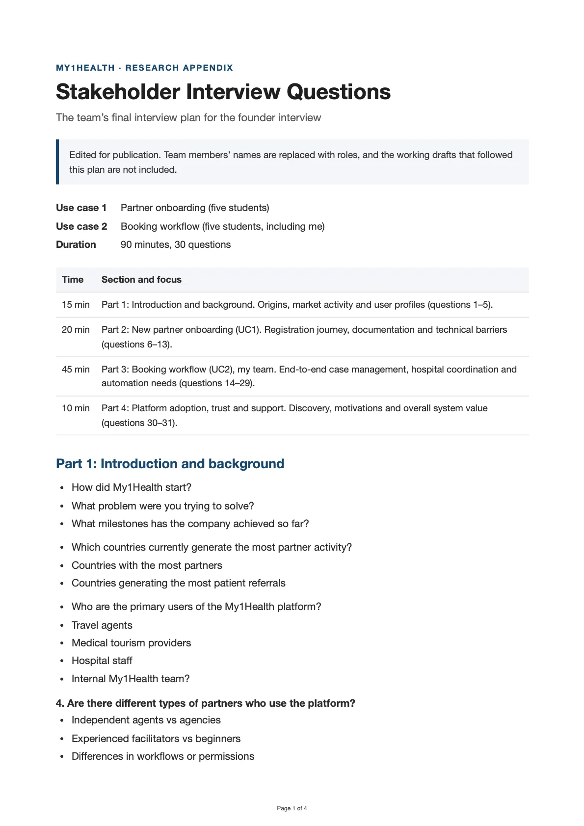 Page 1: Stakeholder Interview Questions. Title page: the two use cases, the 90-minute plan by section, and Part 1: Introduction and background.